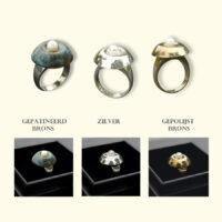 In deze stijlvolle ringen is onder het kapje van brons, zilver of gepatineerd brons ruimte om wat as, aarde of een plukje haar te bewaren.