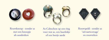 Assortiment zonder as: Rouwknopen in onyx en jaspis, Rouwspeld met bladnerf en met parels. Met as: 3 verschillende As-Cabochons op ringen.